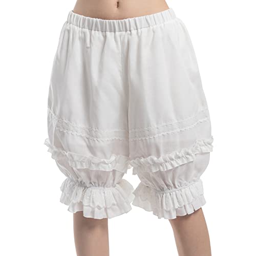 Fiamll Damen Süße Bloomers Shorts Schlafanzughose mit Rüschen Viktorianische Stylisch Pumphose Shorts Bermuda Hosen kurz Weiße S/M von Fiamll