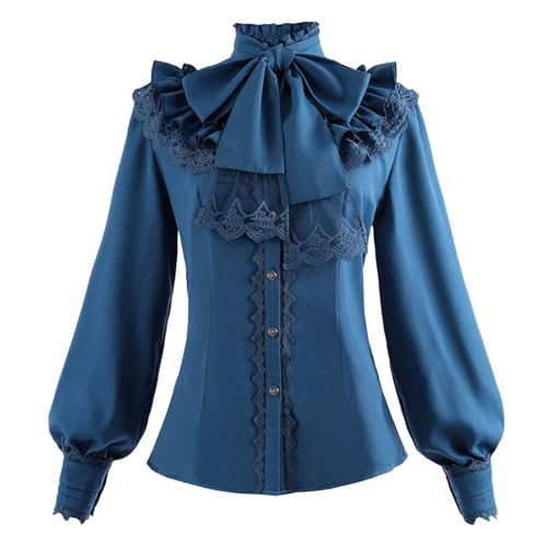 Fiamll Damen Viktorianisch Bluse Vintage Schleifenhemd Stehkragen mit Rüschen Langarmshirt Blau 3XL von Fiamll