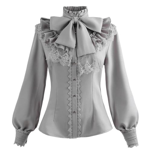 Fiamll Damen Viktorianisch Bluse Vintage Schleifenhemd Stehkragen mit Rüschen Langarmshirt Grau M Fiamll Damen Viktorianisch Bluse Vintage Schleifenhemd Stehkragen mit Rüschen Langarmshirt Grau M von Fiamll