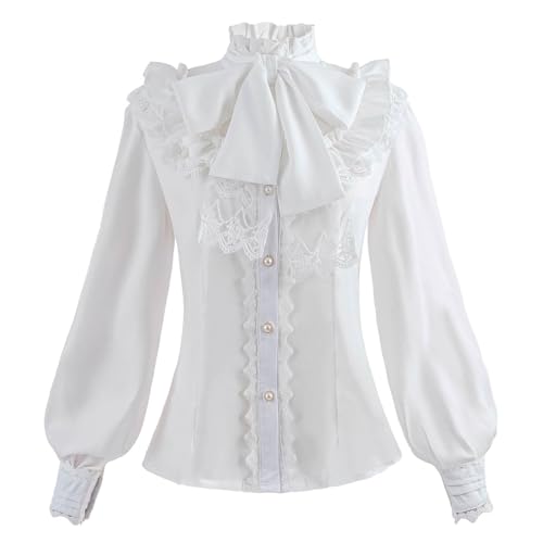 Fiamll Damen Viktorianisch Bluse Vintage Schleifenhemd Stehkragen mit Rüschen Langarmshirt Weiß M von Fiamll