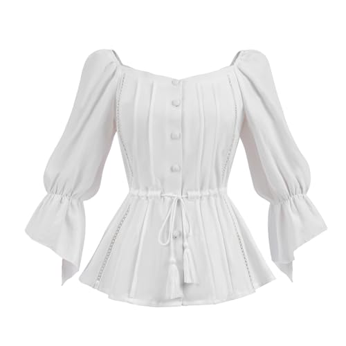 Fiamll Damen Viktorianische Bluse Schulterfrei Renaissance Kordelzug Trompetenärmel Piraten Bluse Weiß XXL von Fiamll