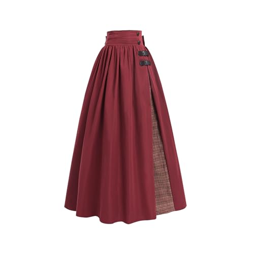 Fiamll Damen Viktorianischer Patchworkrock Renaissance Rock Elastische Hohe Taille A-Linie Mittelalter Maxirock Rot M von Fiamll