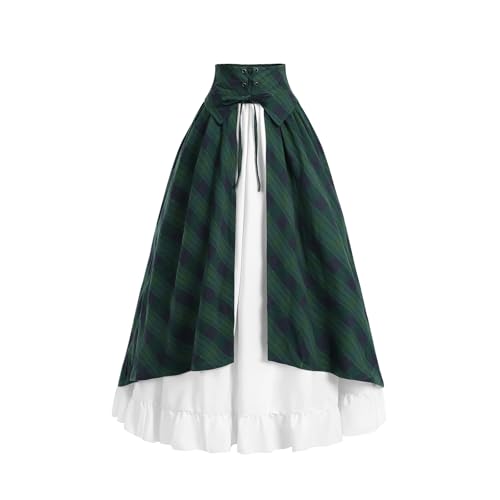 Fiamll Damen Viktorianischer Trachtenrock Renaissance Rock mit Rüsche Hohe Taille Lacing Mittelalter Maxi Rock Blaugrün Kariert XL von Fiamll