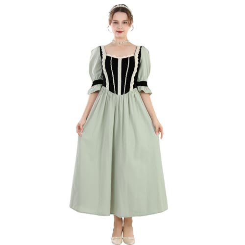 Fiamll Damen Vintage Mittelalter Kleider Langarm A-Linie Maix Quadratischer und V-Ausschnitt Partykleid Grün S von Fiamll