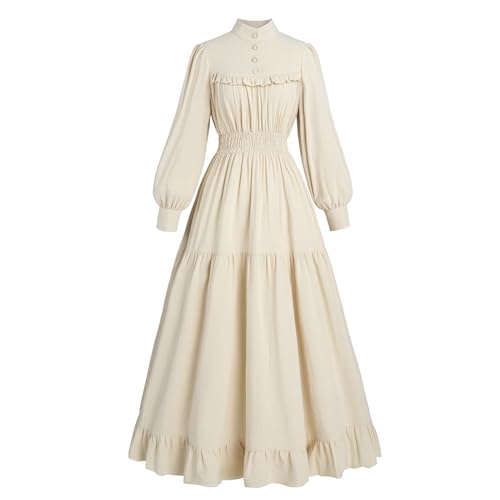 Fiamll Mittelalter Kleid Damen Viktorianisches Kleid Vintage Langarm Kleider A-Linie Stehkragen Gothic Kleid Freizeitkleider Ballkleid Cocktailkleid Beige XL von Fiamll