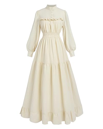 Fiamll Damen Vintage Mittelalter Kleider Langarm A-Linie Stehkragen Cocktailkleid Gothic Kleider Abendkleid Elegant Freizeitkleider Cremefarbe M von Fiamll