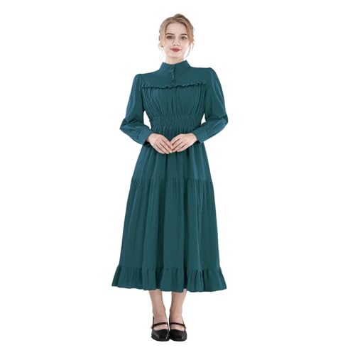 Fiamll Damen Vintage Mittelalter Kleider Langarm A-Linie Stehkragen Cocktailkleid Gothic Kleider Abendkleid Elegant Freizeitkleider Dunkelblau XXL von Fiamll