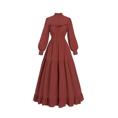Fiamll Damen Vintage Mittelalter Kleider Langarm A-Linie Stehkragen Cocktailkleid Gothic Kleider Abendkleid Elegant Freizeitkleider Dunkelrot XL von Fiamll