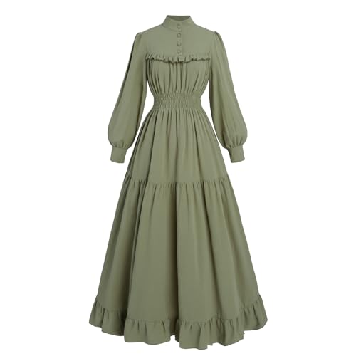 Fiamll Mittelalter Kleid Damen Viktorianisches Kleid Vintage Langarm Kleider A-Linie Stehkragen Gothic Kleid Freizeitkleider Ballkleid Cocktailkleid Grün L von Fiamll