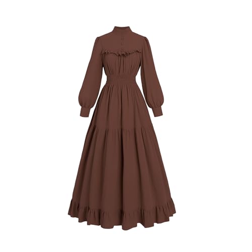 Fiamll Damen Vintage Mittelalter Kleider Langarm A-Linie Stehkragen Cocktailkleid Gothic Kleider Abendkleid Elegant Freizeitkleider Hellbraun M von Fiamll