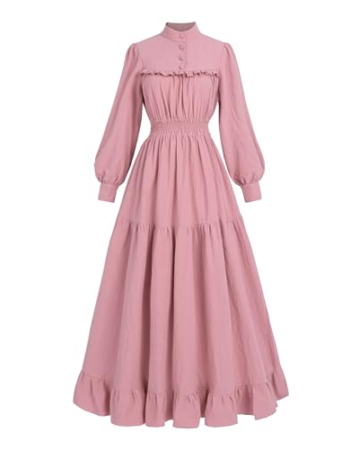 Fiamll Damen Vintage Mittelalter Kleider Langarm A-Linie Stehkragen Cocktailkleid Gothic Kleider Abendkleid Elegant Freizeitkleider Rosa S von Fiamll