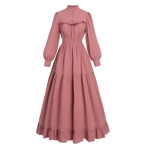 Fiamll Mittelalter Kleid Damen Viktorianisches Kleid Vintage Langarm Kleider A-Linie Stehkragen Gothic Kleid Freizeitkleider Ballkleid Cocktailkleid Rot L von Fiamll