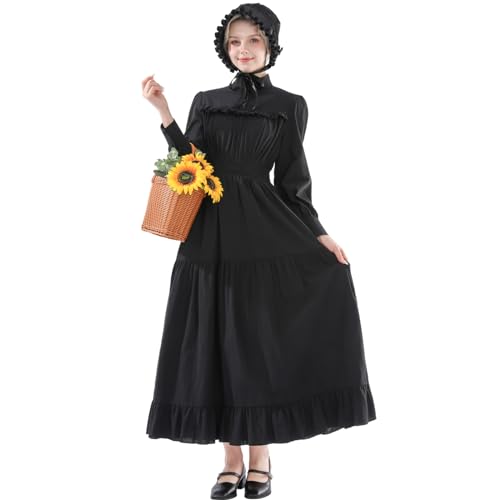 Fiamll Damen Viktorianisches Kleid Mittelalter Kleidung Kleid Schwarz Gothic Kleider Baumwolle Freizeitkleider Langarm Kleid S von Fiamll