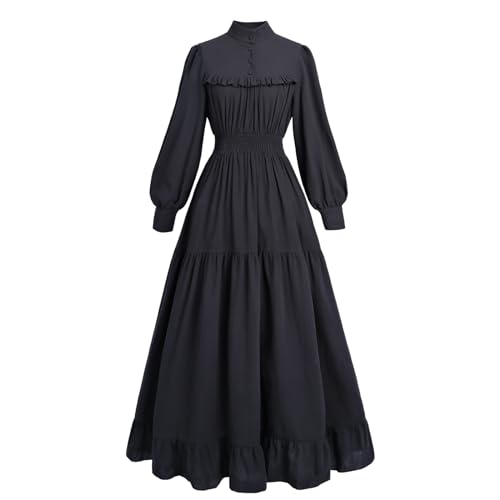 Fiamll Mittelalter Kleid Damen Viktorianisches Kleid Vintage Langarm Kleider A-Linie Stehkragen Gothic Kleid Freizeitkleider Ballkleid Cocktailkleid Schwarz XL von Fiamll