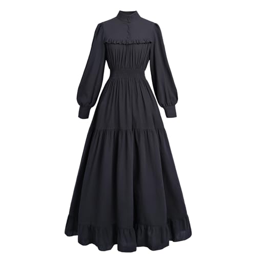 Fiamll Damen Viktorianisches Kleid Mittelalter Kleidung Kleid Schwarz Gothic Kleider Baumwolle Freizeitkleider Langarm Kleid XXL von Fiamll