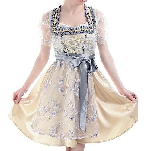 Fiamll Dirndl Damen Midi Dirndl Spitzenschürze Trachtenkleid Kostüm Dirndl 3tlg Dirndlkleid, Dirndlbluse, Dirndlschürze Oktoberfest Blau 46-48 von Fiamll