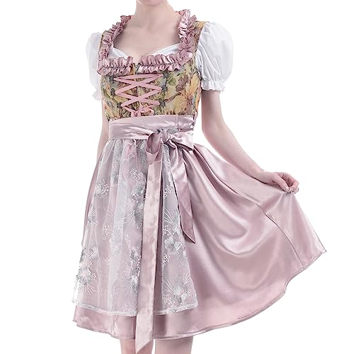 Fiamll Dirndl Damen Midi Trachtenkleid Damen Dirndl Kurz Set Dirndlbluse für Oktoberfest 3 Teilig Dirndlkleid, Bluse, Schürze Rosa 38(M) von Fiamll