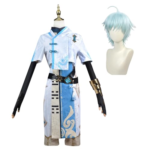 Fiamll Genshin Auswirkungen Cosplay Kostüm Chongyun Cosplay Kostüm Männer Blau Kostüm Halloween Top Hosen Vollen Satz mit Perücken S von Fiamll