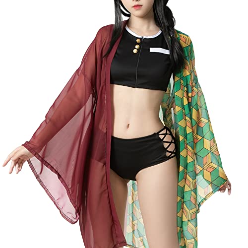 Fiamll Giyuu Tomioka Cosplay Bikini Set für Dämonen Jäger Damen Anime Kimono Strickjacke Strand Sommer Badeanzug 3XL von Fiamll