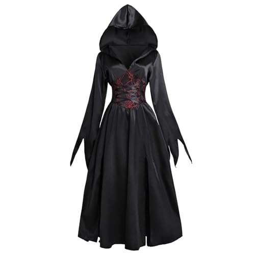 Fiamll Gothic Halloween Hexe Kostüm Damen Renaissance Mit Kapuze Vampir Kleid Cosplay XXL von Fiamll