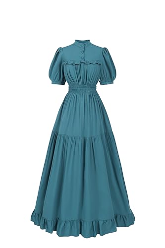 Fiamll Mittelalter Kleid Damen Kurzarm Vintage Viktorianisches Kleid Sommer Kleid Renaissance Maxikleid Party Ballkleider Türkisblau L von Fiamll