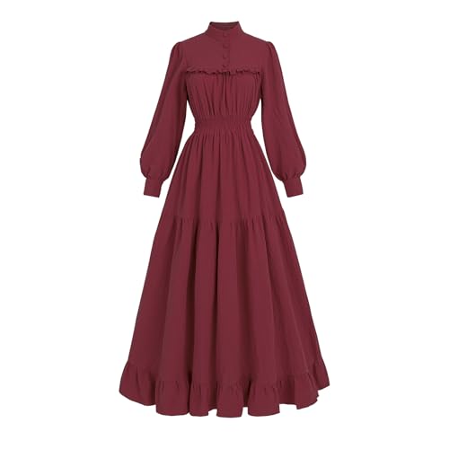 Fiamll Mittelalter Kleid Damen Viktorianisches Kleid Vintage Langarm Kleider A-Linie Stehkragen Gothic Kleid Freizeitkleider Ballkleid Cocktailkleid Rotwein S von Fiamll