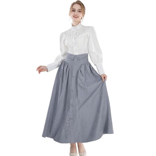 Fiamll Mittelalter Kleid Damen Vintage A-Line Viktorianisches Kostüm Halloween Partykleid 2-Teiliges Set Viktorianisches Bluse mit Renaissance Maxikleid Blau M von Fiamll