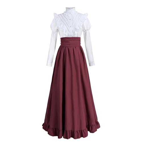 Fiamll Mittelalter Kleid Renaissance Kostüm Damen Viktorianisches Kleid Vintage Ballkleid Damen Victorian Bluse mit Renaissance Maxirock Rot M von Fiamll