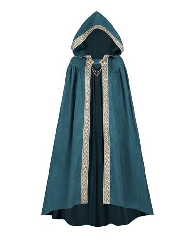 Fiamll Mittelalter Umhang Damen Kapuze Mantel mit Manschette Einfarbige Trenchcoat Renaissance Vampir Umhang Cape Karneval Kostüm Blau M von Fiamll