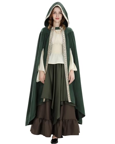 Fiamll Mittelalter Umhang Damen Kapuze Mantel mit Manschette Einfarbige Trenchcoat Renaissance Vampir Umhang Cape Karneval Kostüm Grün S von Fiamll