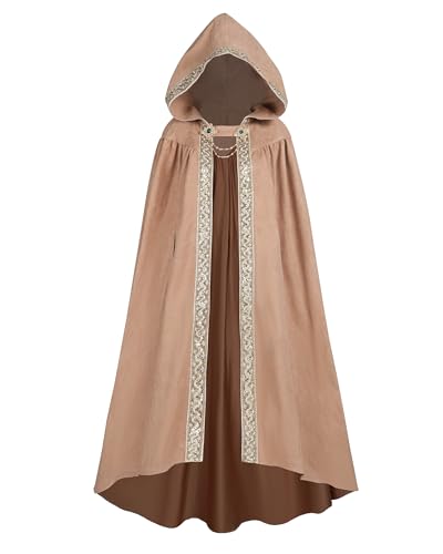 Fiamll Mittelalter Umhang Damen Kapuze Mantel mit Manschette Einfarbige Trenchcoat Renaissance Vampir Umhang Cape Karneval Kostüm Kaki M von Fiamll
