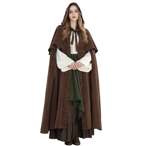 Fiamll Mittelalter Umhang Damen Kapuze Mantel mit Manschette Einfarbige Trenchcoat Renaissance Vampir Umhang Gothic Cosplay Cape Karneval Kostüm Braun M von Fiamll