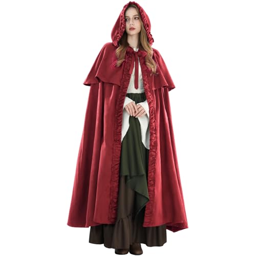 Fiamll Mittelalter Umhang Damen Kapuze Mantel mit Manschette Einfarbige Trenchcoat Renaissance Vampir Umhang Gothic Cosplay Cape Karneval Kostüm Rot L von Fiamll
