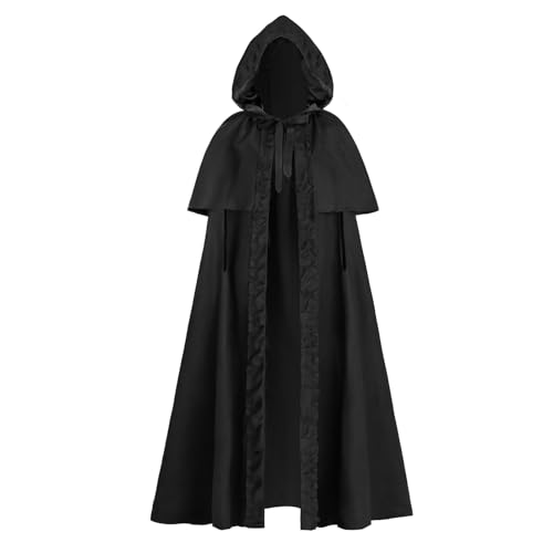 Fiamll Mittelalter Umhang Damen Kapuze Mantel mit Manschette Einfarbige Trenchcoat Renaissance Vampir Umhang Gothic Cosplay Cape Karneval Kostüm Schwarz S von Fiamll