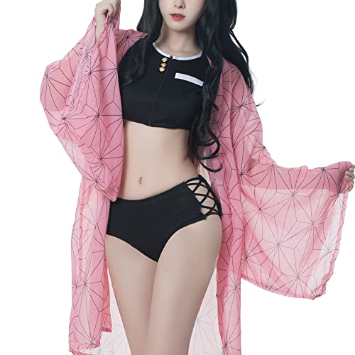 Fiamll Nezuko Kamado Cosplay Bikini Set für Dämonen Jäger Damen Anime Kimono Strickjacke Strand Sommer Badeanzug XL von Fiamll