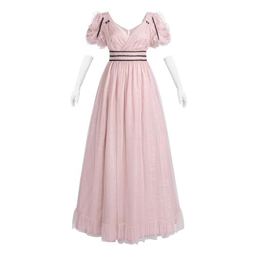 Fiamll Regency Kleid Damen Jane Austen Tüllkleid Abendkleider Empire Kleider mit Handschuhen Viktorianisches Ballkleid Cocktailkleid Damen Lang Rosa M von Fiamll