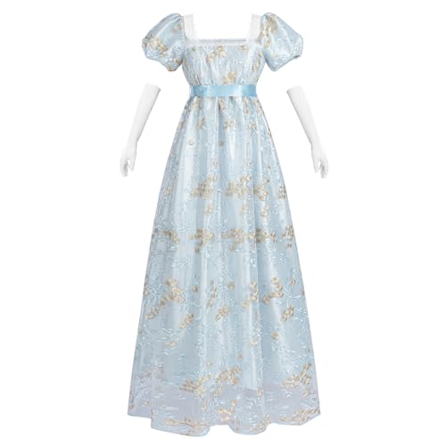 Fiamll Regency Kleid Damen Regency Kostüm Empire Taille Teeparty Kleid Viktorianisches Kleid Stickerei Ballkleid mit Handschuhen Hellblau XL von Fiamll