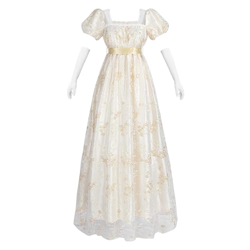 Fiamll Regency Kleid Damen Regency Kostüm Empire Taille Teeparty Kleid Viktorianisches Kleid Stickerei Ballkleid mit Handschuhen Hellgolden XL von Fiamll