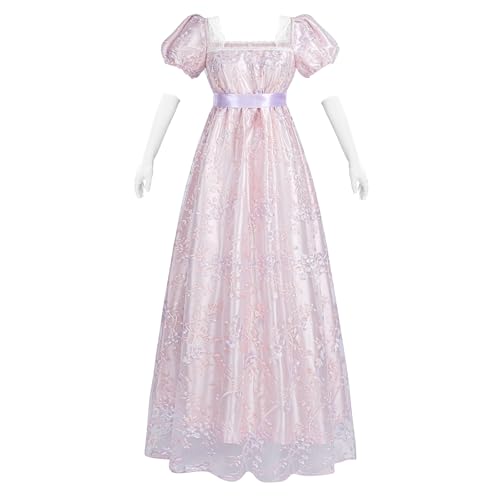 Fiamll Regency Kleid Damen Regency Kostüm Empire Taille Teeparty Kleid Viktorianisches Kleid Stickerei Ballkleid mit Handschuhen Hellrosa XXL von Fiamll