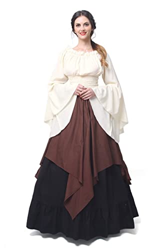 Fiamll Renaissance Kleid Damen Mittelalter Kleid Mittelalter Kleidung Damen Kostüme Fasching Kleid Set Braun L(Top und Rock) von Fiamll