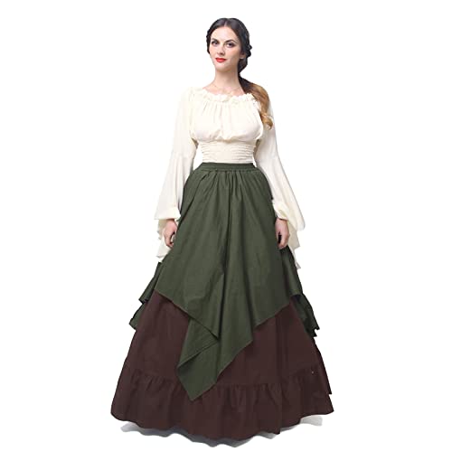 Fiamll Renaissance Kleid Damen Mittelalter Kleidung Damen Kostüme Fasching Kleid Set Grün+ Braun M(Top und Rock) von Fiamll