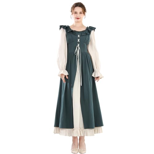 Fiamll Renaissance Damen Mittelalter Faire Kleid - Langarm Irisches Retro Viktorianisches Kostüm in Grün, Größe M von Fiamll