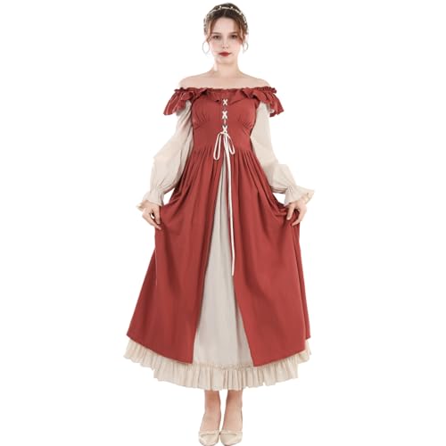 Fiamll Renaissance Kleid Damen Mittelalter Renaissance Faire Kleid Langarm Irisches Kleid Retro Viktorianische Kostüm Rot L von Fiamll