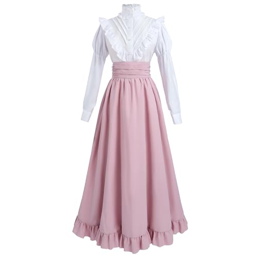 Fiamll Renaissance Kleid Damen Mittelalter Renaissance Kostüm Vintage Viktorianisches Kleid Ballkleid Victorian Bluse mit Renaissance Maxirock Rosa XXL von Fiamll