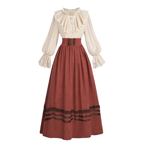 Fiamll Renaissance Kostüm Viktorianisches Kleid Damen Mittelalter Kleid Vintage Ballkleid Damen Victorian Bluse mit Renaissance Maxirock Rot XXL von Fiamll