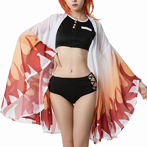 Fiamll Rengoku Kyoujurou Cosplay Bikini Set für Dämonen Jäger Damen Anime Kimono Strickjacke Strand Sommer Badeanzug 3XL von Fiamll