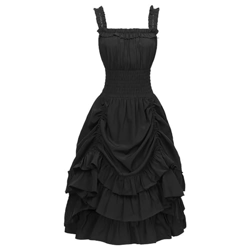 Fiamll Rockabilly Kleider Damen Gothic Ärmellos High Low Design Steampunk A-Line Kleid Schwarz S von Fiamll
