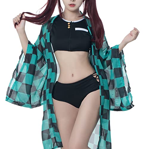 Fiamll Tanjiro Kamado Cosplay Bikini Set für Dämonen Jäger Damen Anime Kimono Strickjacke Strand Sommer Badeanzug 3XL von Fiamll