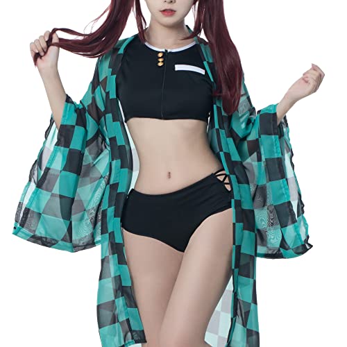 Fiamll Tanjiro Kamado Cosplay Bikini Set für Dämonen Jäger Damen Anime Kimono Strickjacke Strand Sommer Badeanzug M von Fiamll