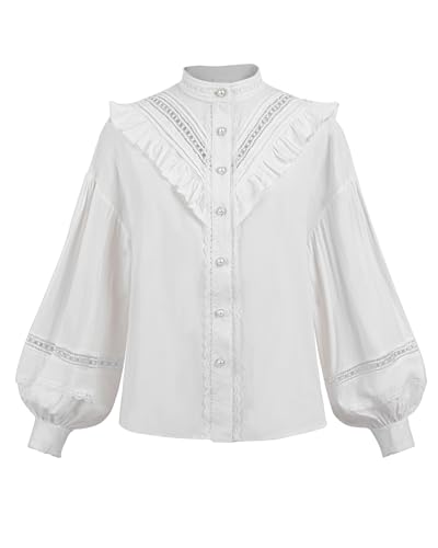 Fiamll Viktorianische Bluse Damen Renaissance Bluse Mittelalter Langärmliges Vintage Bluse Weiße Bluse Baumwolle, L von Fiamll